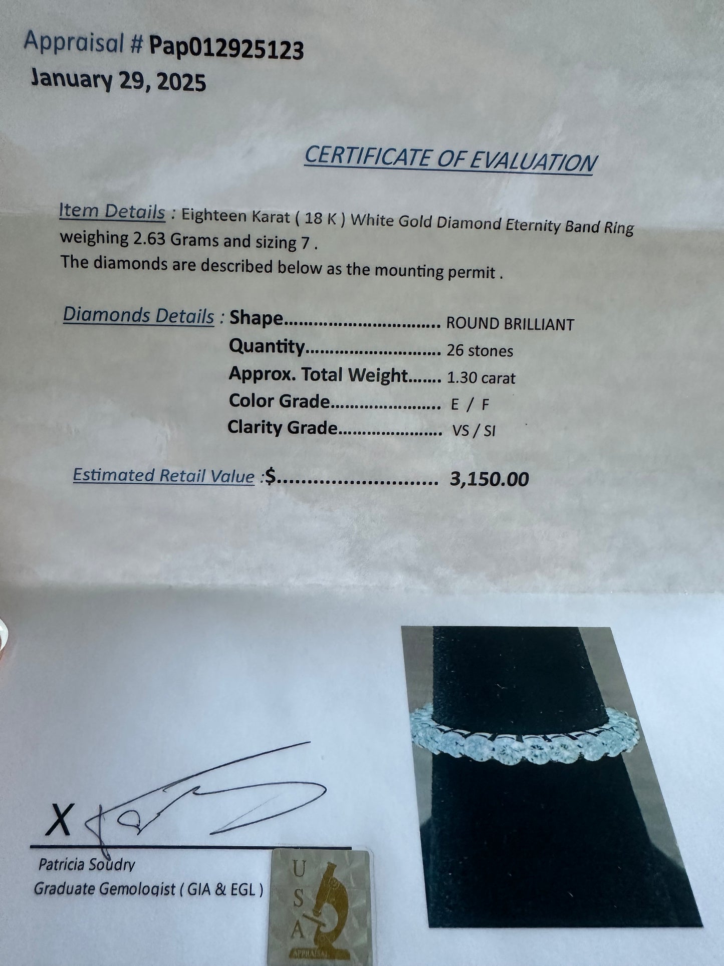 18K W Gold Round Cut Natural Diamond Eternity Band Size 7