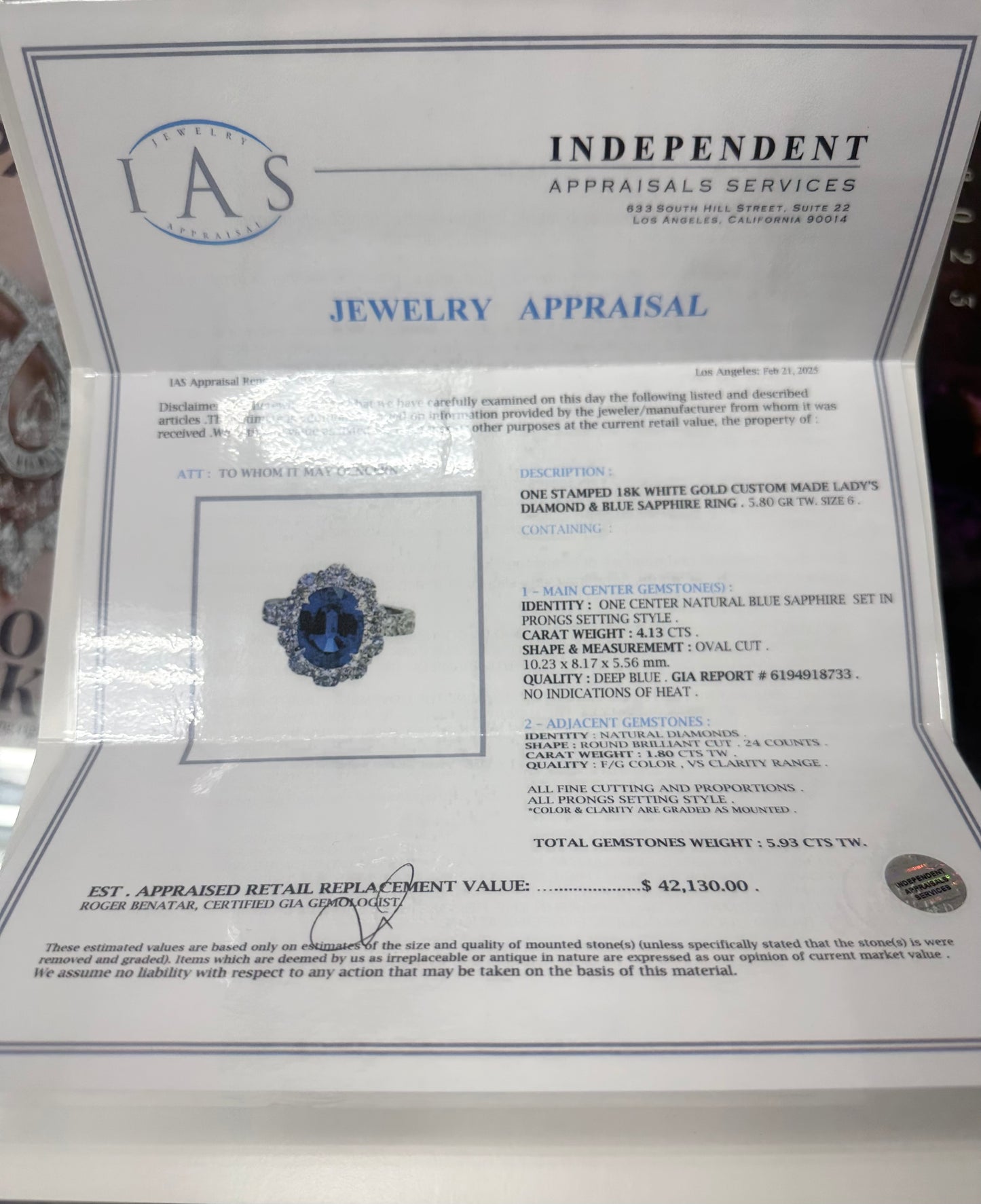 18K W Gold Custom Made Lady's Natural Diamond & Natural Blue Sapphier Ring Size 6