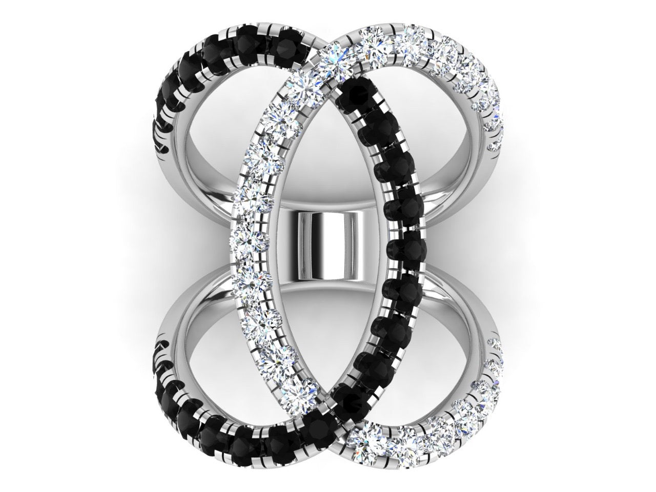 18 K White Gold Fashion Women Ring Black & White Diamonds Size 7 1/2