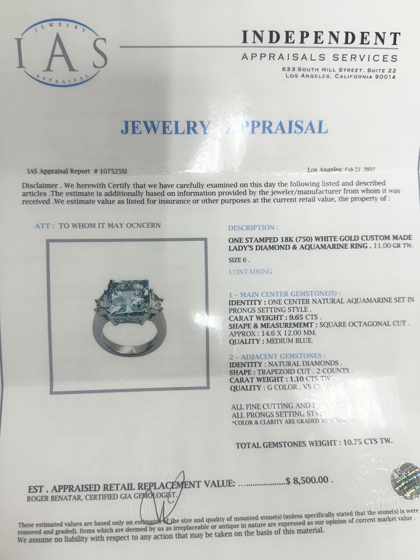 18K White Gold Lady's Diamond & Aquamarine Ring Size 6