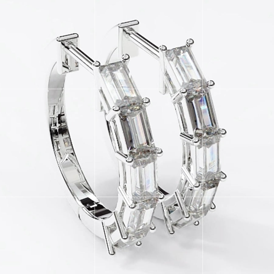 14KW  Natural Emerald Cut Diamonds Hoop Earrings