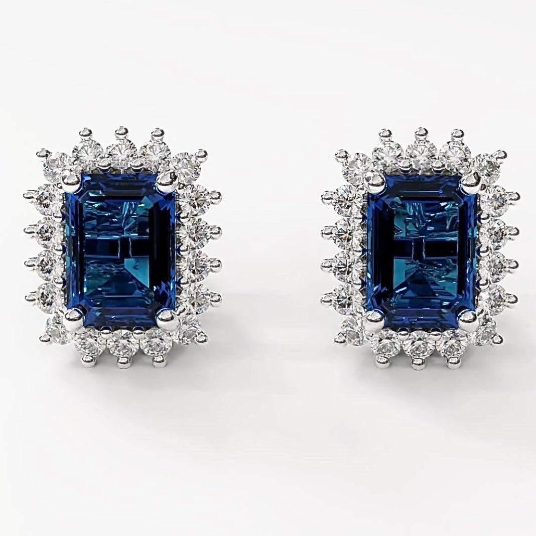 18K W Gold Natural Blue Sapphire & Natural Diamond Stud Earrings