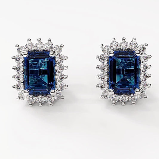 18K W Gold Natural Blue Sapphire & Natural Diamond Stud Earrings