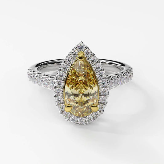 14K W Fancy Intense Yellow Pear Shaped Natural Diamond Engagement Ring Size 6.25
