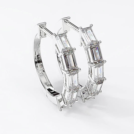 14KW  Natural Emerald Cut Diamonds Hoop Earrings